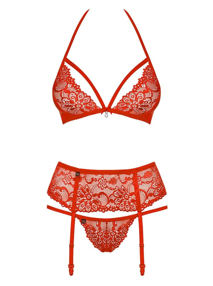 Red Devil - Set lenjerie sexy pentru femei, 3 piese, roșu, S/M
