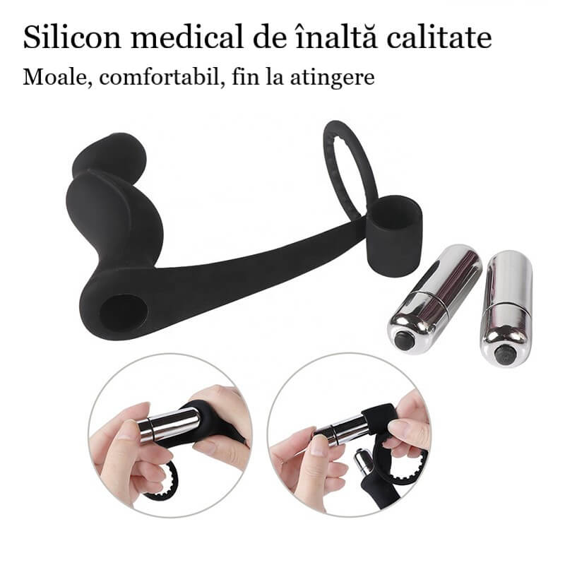 Inel penis cu dop anal si doua gloante vibratoare detasabile - material