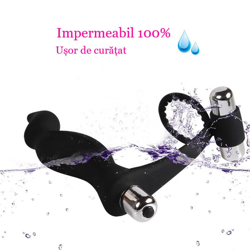Inel penis cu dop anal si doua gloante vibratoare detasabile