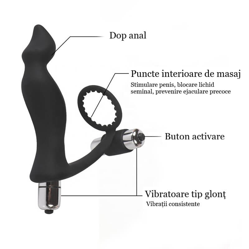 Inel penis cu dop anal si doua gloante vibratoare detasabile