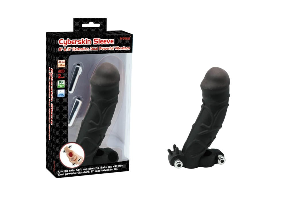 Charmly Cyberskin Sleeve - Manșon realistic pentru penis, cu vibrații, 20 cm, negru