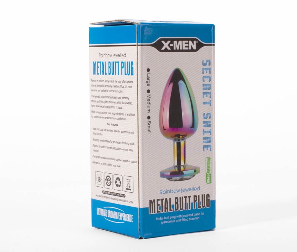 Dop Anal X-MEN Secret Shine Metal Butt Plug Rainbow M, 8,2 cm - detaliu 4