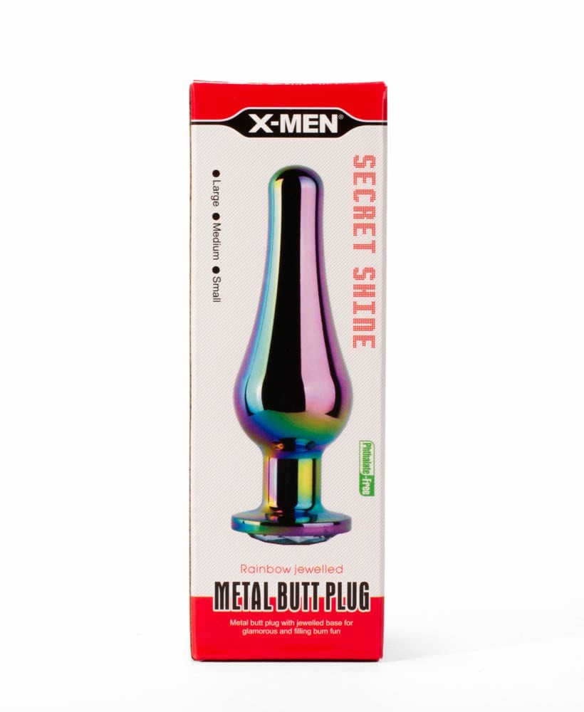 X-MEN Secret Shine Metal Butt Plug Rainbow M - Dop Anal Multicolor, 11,2 cm - detaliu 4